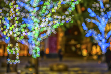 Blur colorful bokeh background of light decorate at night in important day Tokyo city.