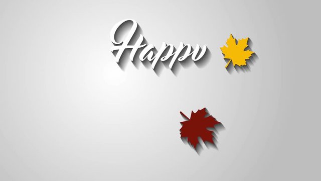 4K Thanksgiving greeting card with Happy Thanksgiving animation lettering text. Ifinity loop thanksgiving card. White text. Gray background. Yellow and brown leaf. Whith shadows.