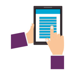 human hand touching a screen of a tablet device over white background. vector illustration