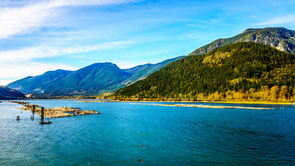 Harrison River at Harrison Mills as it flows through the Fraser Valley of British Columbia to the Fraser River