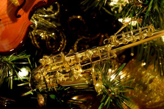 Sax in a Tree / Saxophone ornament used in a Christmas tree with a musical theme.