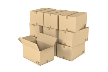 Rendering of light beige mail cardboard boxes put together and one opened box, isolated on the white background