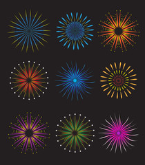 Fireworks icons set.  vector on black background. Holiday and party firework  collection.  illustration