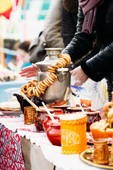 Russian samovar with a steel-colored bread rings