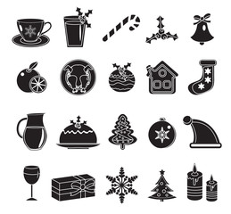 Christmas black silhouette icons set.  of traditional  symbols.  design elements.Vector illustration