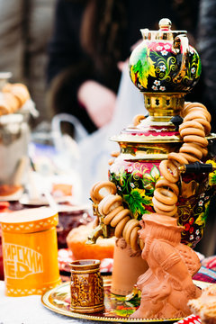 Beautiful Russian samovar with bread rings
