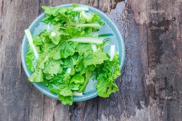 Chinese cabbage organic vegetables  Soak and wash on the wooden
