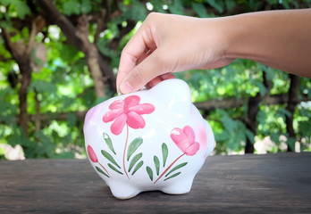 piggy bank on nature background saving money concept.