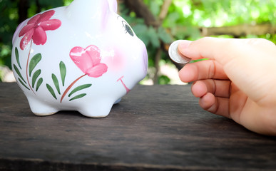 piggy bank on nature background saving money concept.