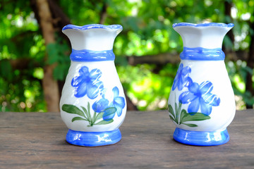 blue vase on nature background.