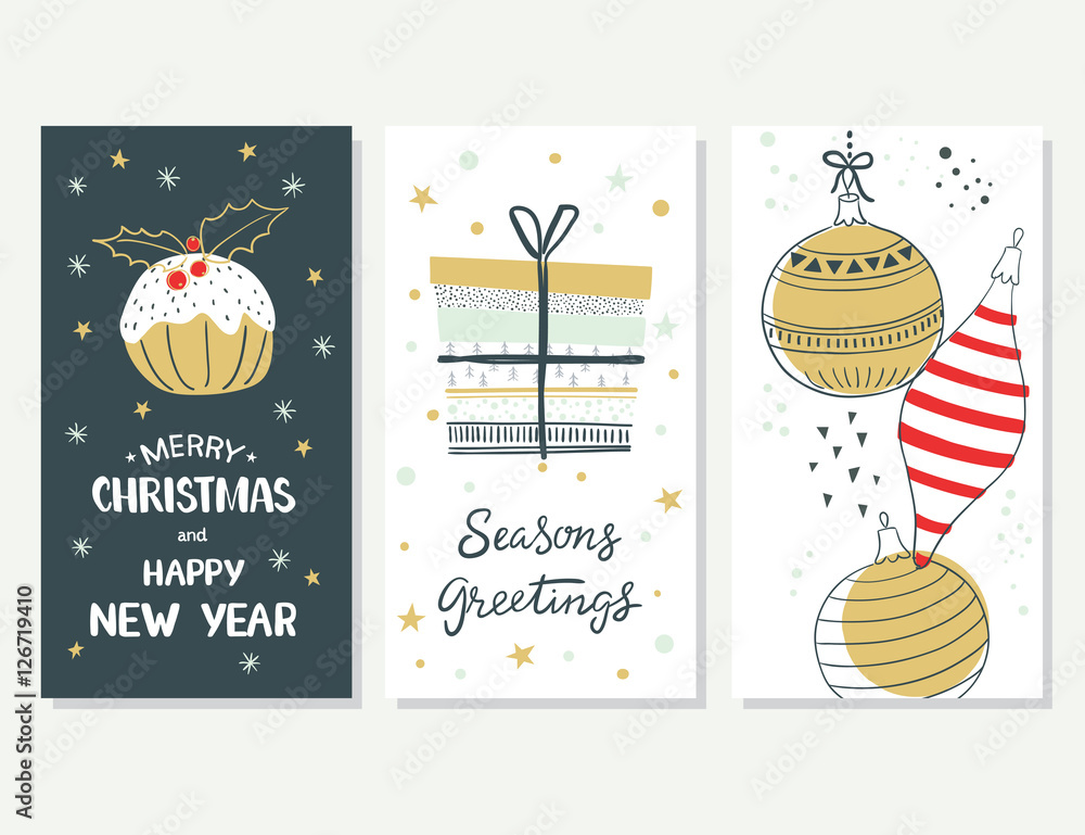 Wall mural Merry Christmas and Happy New Year. Set of Christmas cards