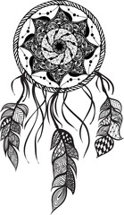 Drawing of a floral mandala in ethnic tribal stile with dreamcatcher, feathers, black line art on white background. Hand drawn vector stock illustration