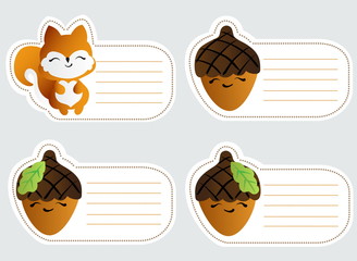 Set of four cute blank card with smiling squirrel and acorns, on a light gray background