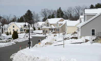 houses in residential community after snow in winter