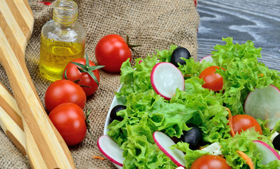 salad and rustic cloth on table