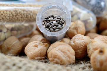 chickpea and chia in tube on sack