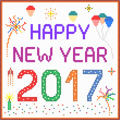 New year 2017 pixel message - 2017 New year message with balloons and fireworks. Square pixels of various colors have been used.