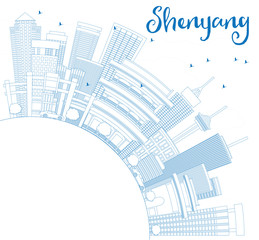 Outline Shenyang Skyline with Blue Buildings and Copy Space.