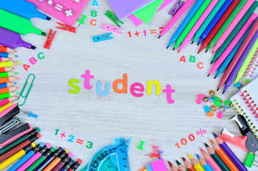 word student colors letter and object for school on  table