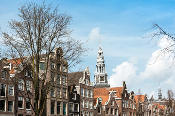Beautiful street view of Traditional old buildings in Amsterdam,