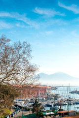 Street view of Naples harbor with boats, italy Europe