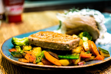 Closeup of pork stew Meat with vegetables