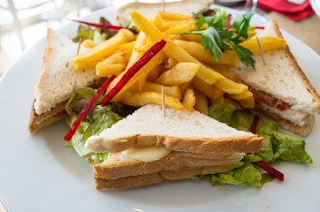 Sandwich with chicken, cheese and golden French fries potatoes