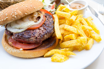 Cheese burger - American cheese burger with Golden French fries