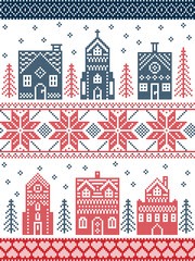 Scandinavian style and Nordic culture inspired Christmas and festive winter village pattern in cross stitch style with gingerbread house, church, little town buildings, trees and snow 
