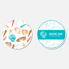 Seashells hand drawn vector colorful etching sketch isolated on white background, seamless patterns, underwater artistic marine blue texture, template label, layout design for card, beauty salon, spa