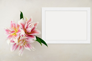 White flat lay landscape frame mockup,lily rose,  overlay your quote promotion headline or design great for small businesses lifestyle bloggers & social media campaigns
