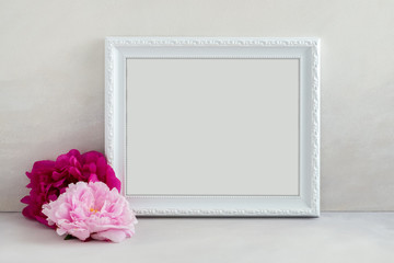 White landscape frame mockup, 2 pink peonies, overlay your quote promotion headline or design great for small businesses lifestyle bloggers & social media campaigns