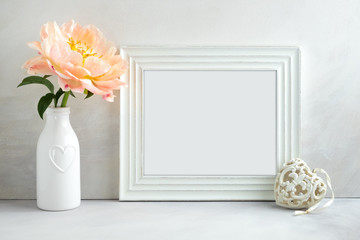 White landscape frame mockup, peony & heart, overlay your quote promotion headline or design great for small businesses lifestyle bloggers & social media campaigns