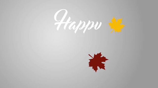 4K Thanksgiving greeting card with Happy Thanksgiving animation lettering text. Ifinity loop thanksgiving card. White text. Gray background. Yellow and brown leafs. Flat.