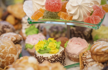 fresh sweet baked products on glass plate