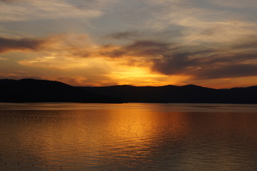 sunset at the mountain lake