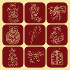 Set of Christmas icons in red. Icons - angel, stocking, bow, ball, candy, Christmas tree, gift.