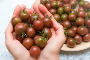 Woman's hands holding beautiful, small, red cherry tomatoes over full dish with cherry tomatoes in the kitchen. Healthy eating and lifestyle. Very tasty.