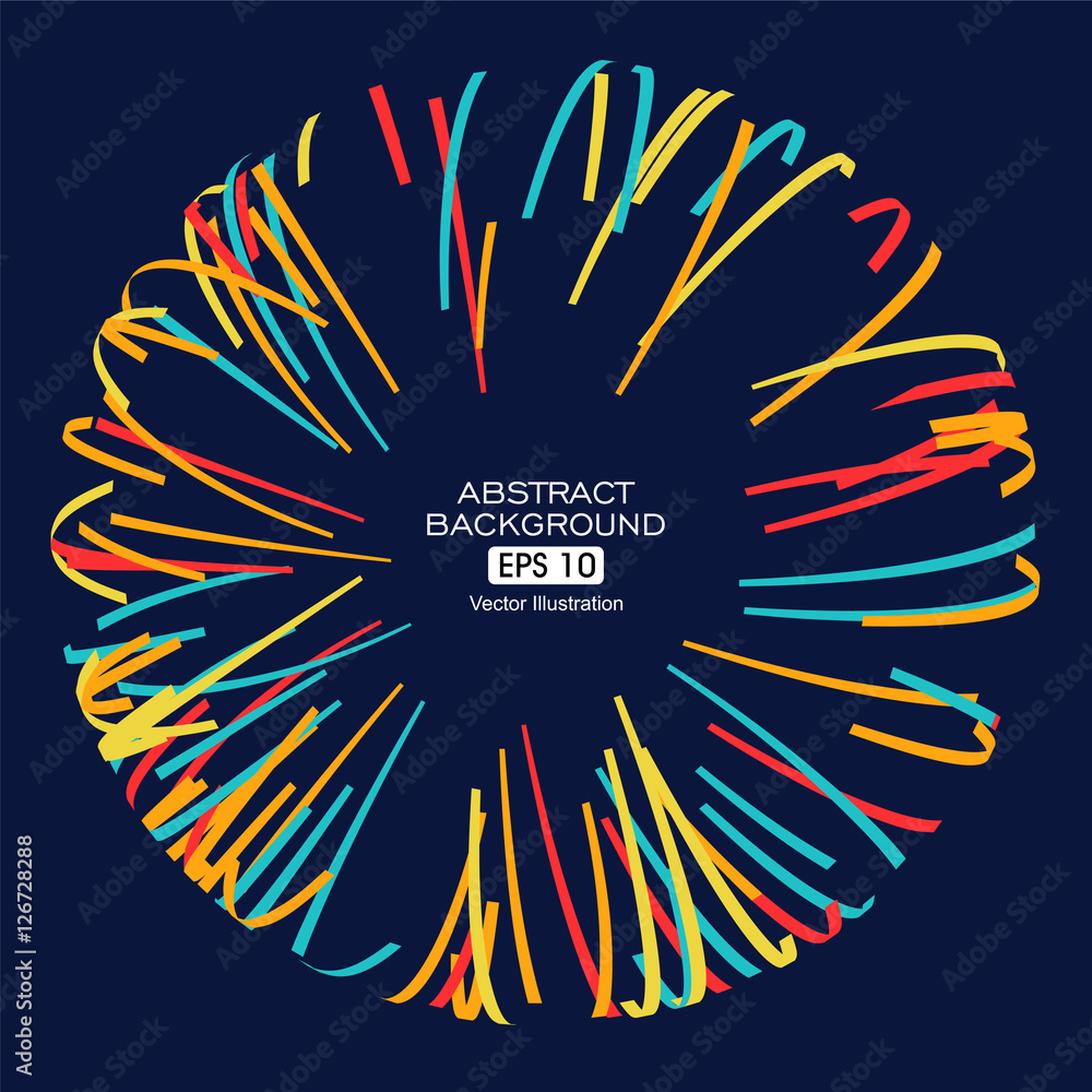 Poster three-dimensional sphere composed of multicolored curves, abstract graphics.