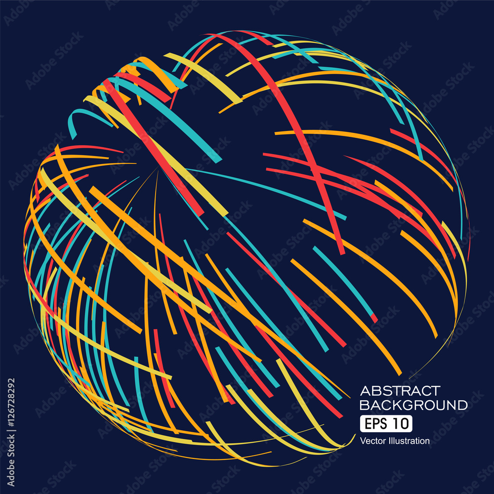 Poster three-dimensional sphere composed of multicolored curves, abstract graphics.
