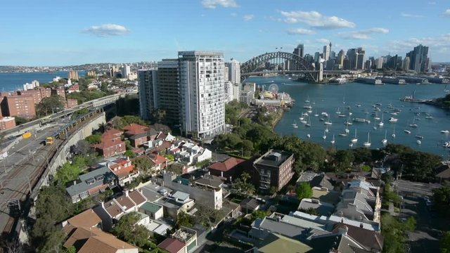 Aerial view of Sydney skyline from north Sydney Harbour New South Wales, Australia.