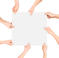 hands holding paper isolated on white background