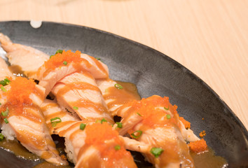 Salmon Aburi Roll, Salmon Aburi Sushi, Salmon aburi saikyo sushi