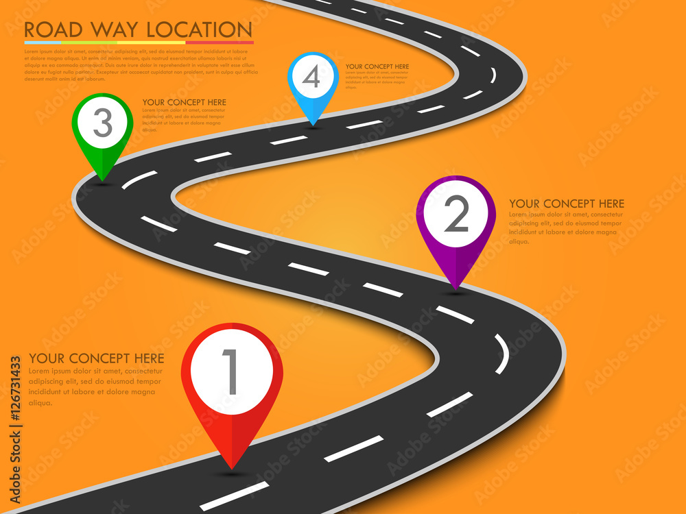 Poster road way location infographic template with pin pointer. vector background