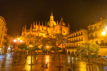 Square with cathedral by night