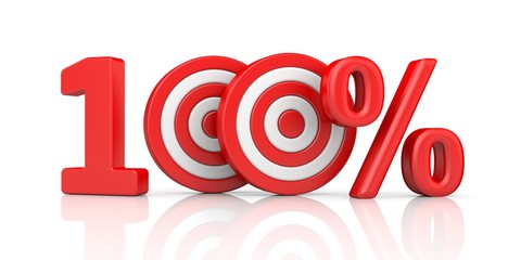 Red stripe targets with arrow form the red number 100 percent. Accurate shot metaphors. 3d...