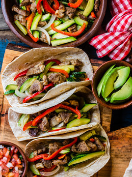 Mexican pork tacos with vegetables. Top view