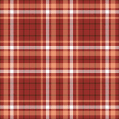 Seamless tartan plaid pattern. Vector checkered wallpaper print. Tartan design in pale orange, white & brown stripes on dark red background.