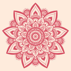 Mandala, highly detailed zentangle inspired illustration, ethnic tribal tattoo motive, red background. Ornamental template for your backgrounds design.