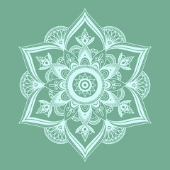 Mandala, highly detailed zentangle inspired illustration, ethnic tribal tattoo motive, green background. Ornamental template for your backgrounds design.